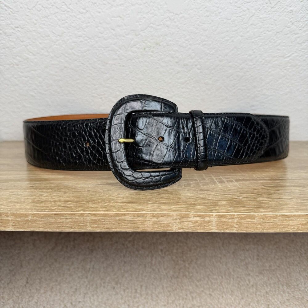 Lauren Ralph Lauren Italian Leather Croc Embossed Belt LARGE Black 2" Wide